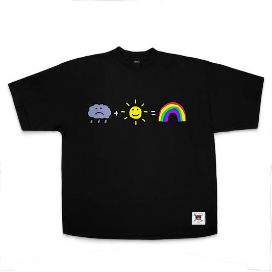 SAD HAPPY garment-dyed Robbery tee — rain cloud + sun = rainbow front chest graphic