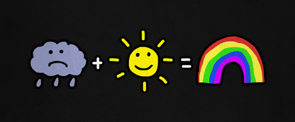 Sad + Happy = Rainbow — close-up of the printed graphic on the black tee