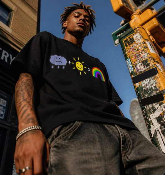 SAD HAPPY Robbery tee worn — street lifestyle